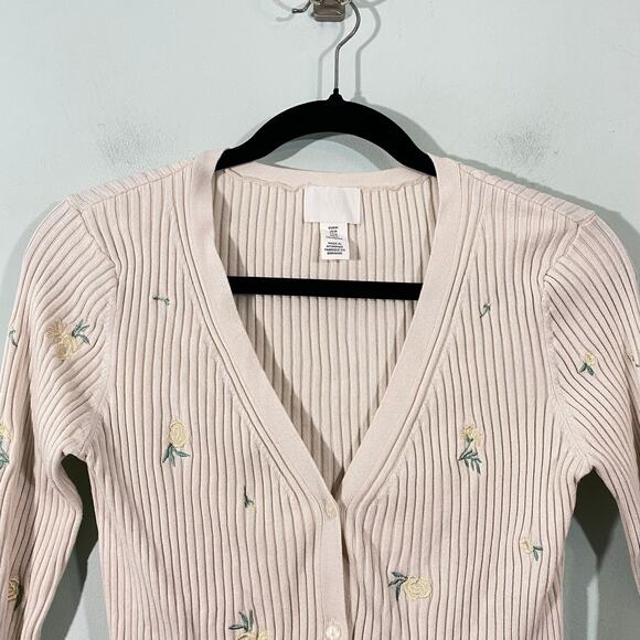 H&M Women's Cream Floral Embroidered V-neck Ribbed Cropped Cardigan Size M - Picture 8 of 8